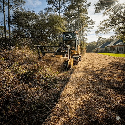 Forestry mulching machinery in operation creating defensible space